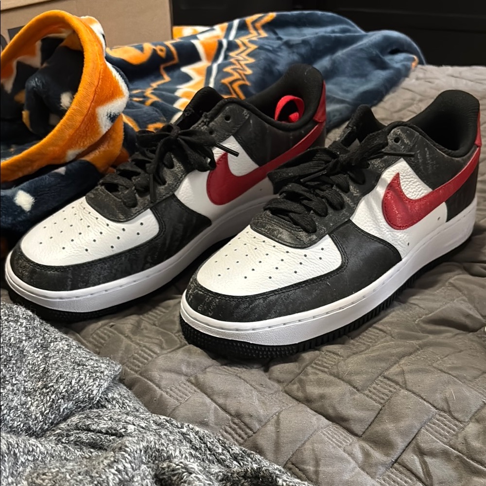 Nike AirForce 1 Black and White Sneakers with Red Accents